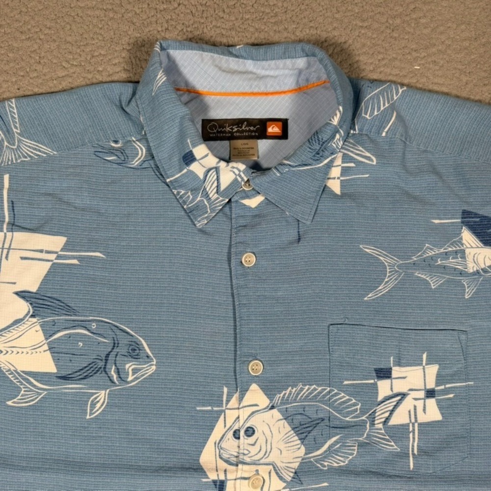 Quiksilver Waterman Shirt Mens Large Blue Fish All Over Beach Casual Preppy Logo